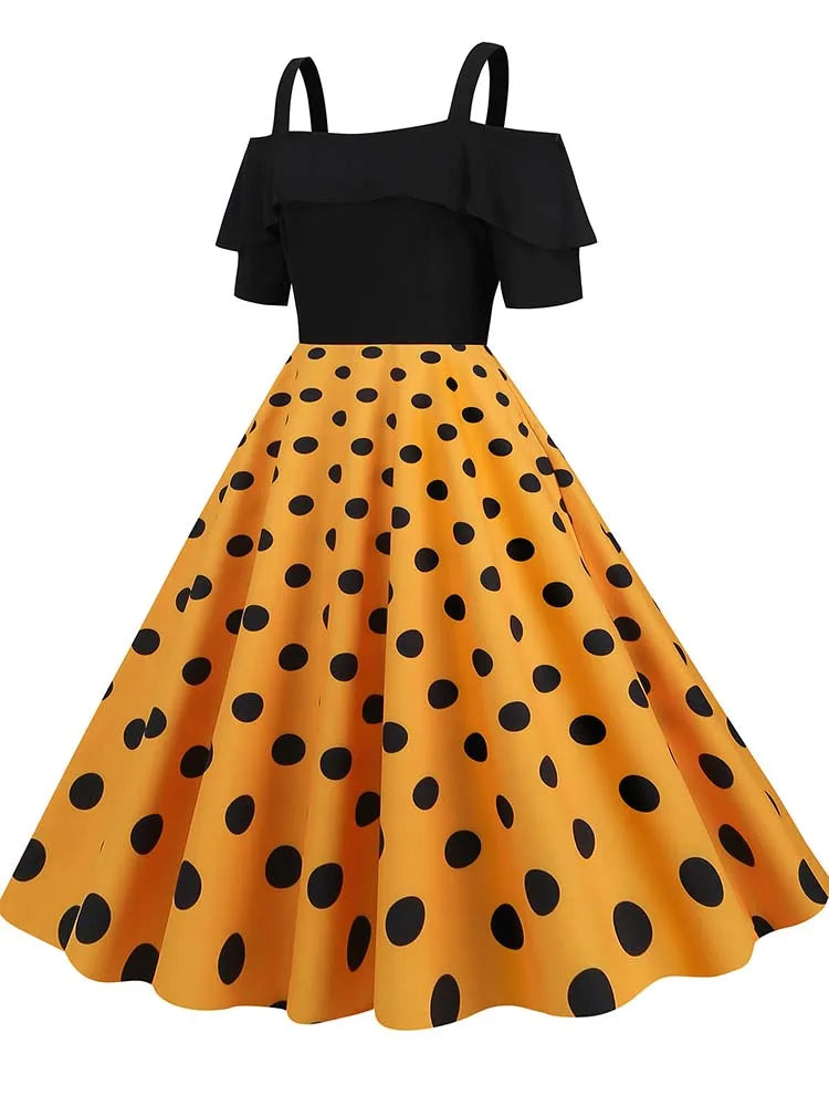 Off the Shoulder Elegant Vintage Party Dress Women Summer Polka Dot Ruffles A Line Midi Dresses