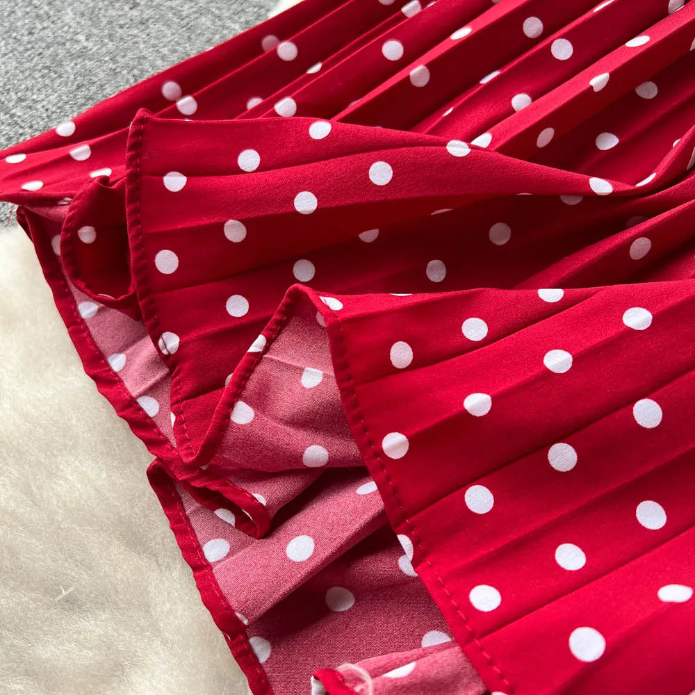 Neploe Summer Gentle Style French Retro Polka Dot Dress Sleeveless Lace Up Slim Waist Thin Vestido Sweet Pleated Femme Robe