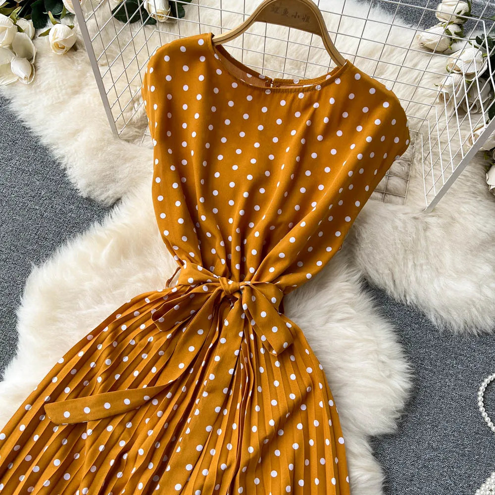 Neploe Summer Gentle Style French Retro Polka Dot Dress Sleeveless Lace Up Slim Waist Thin Vestido Sweet Pleated Femme Robe