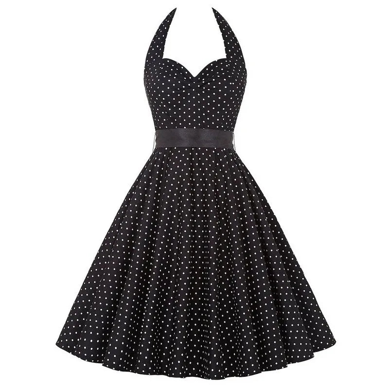 Summer Casual Dress Women  Polka Dot Retro Swing Gown Pin Up Robe Vintage 60s 50s Rockabilly Sundress