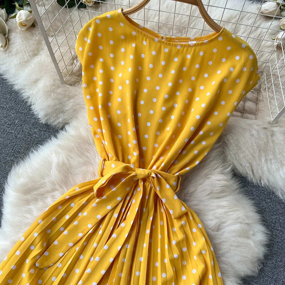 Neploe Summer Gentle Style French Retro Polka Dot Dress Sleeveless Lace Up Slim Waist Thin Vestido Sweet Pleated Femme Robe
