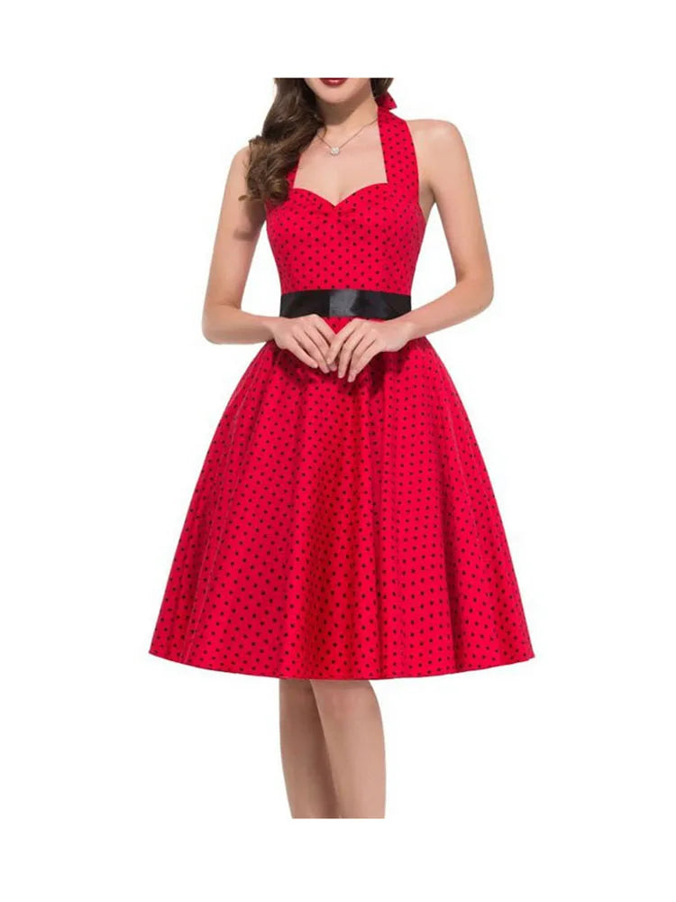 Summer Casual Dress Women  Polka Dot Retro Swing Gown Pin Up Robe Vintage 60s 50s Rockabilly Sundress