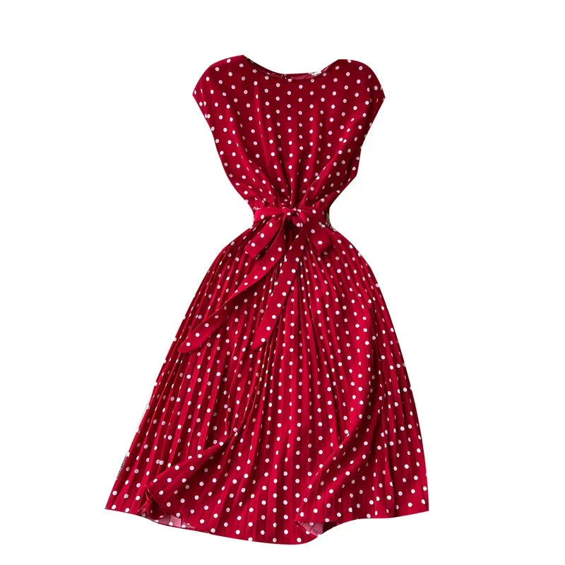 Neploe Summer Gentle Style French Retro Polka Dot Dress Sleeveless Lace Up Slim Waist Thin Vestido Sweet Pleated Femme Robe