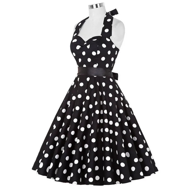Summer Casual Dress Women  Polka Dot Retro Swing Gown Pin Up Robe Vintage 60s 50s Rockabilly Sundress