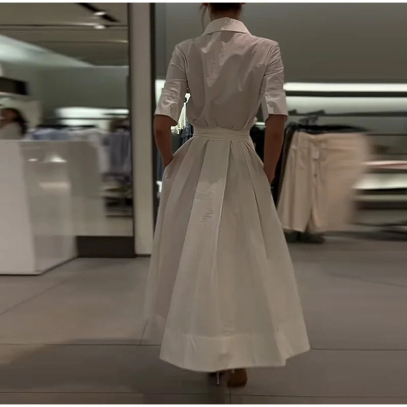 Vestido Largo Khaki Elegante para Mujer – Corte A-Line, Manga Corta y Cintura Ajustada | Moda Verano/Otoño 2026