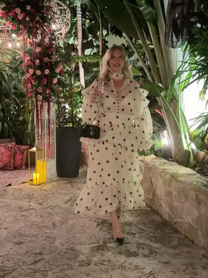 Women Casual Polka Dot Dress Chic Stand Collar Puff Sleeves See Through Ruffle Maxi Vestidos 2026 New Lady Vacation Party Wears