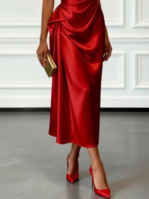 Vestido Midi de Satén con Un Hombro y Cintura Fruncida