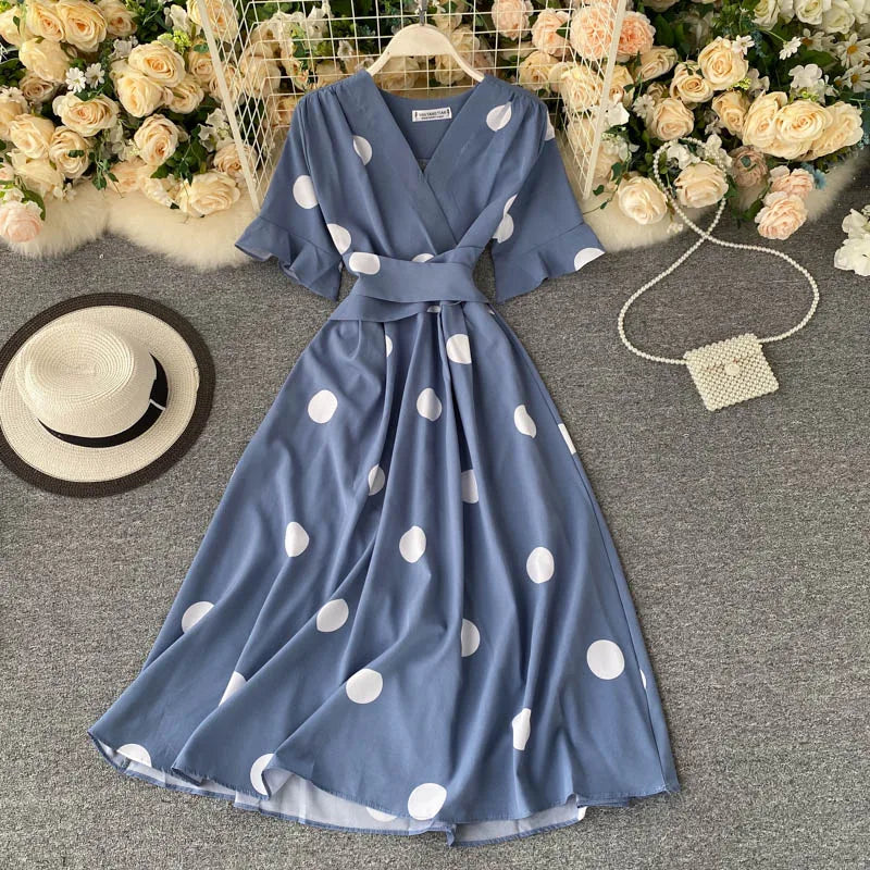 YuooMuoo Chic Fashion Polka Dot Print Women Dress 2025 New Summer Elegant Vintage Bandage Slim Waist Big Swing Long Party Dress