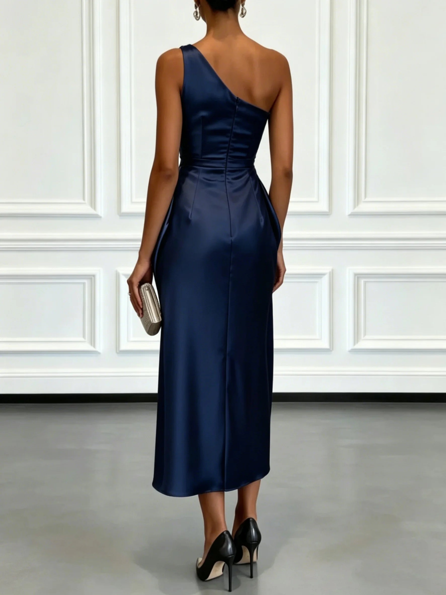 Vestido Midi de Satén con Un Hombro y Cintura Fruncida