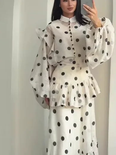 Women Casual Polka Dot Dress Chic Stand Collar Puff Sleeves See Through Ruffle Maxi Vestidos 2026 New Lady Vacation Party Wears