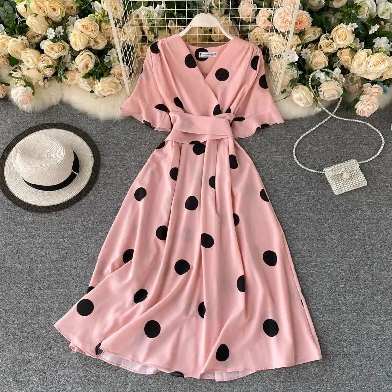 YuooMuoo Chic Fashion Polka Dot Print Women Dress 2025 New Summer Elegant Vintage Bandage Slim Waist Big Swing Long Party Dress