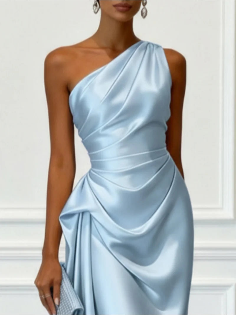 Vestido Midi de Satén con Un Hombro y Cintura Fruncida