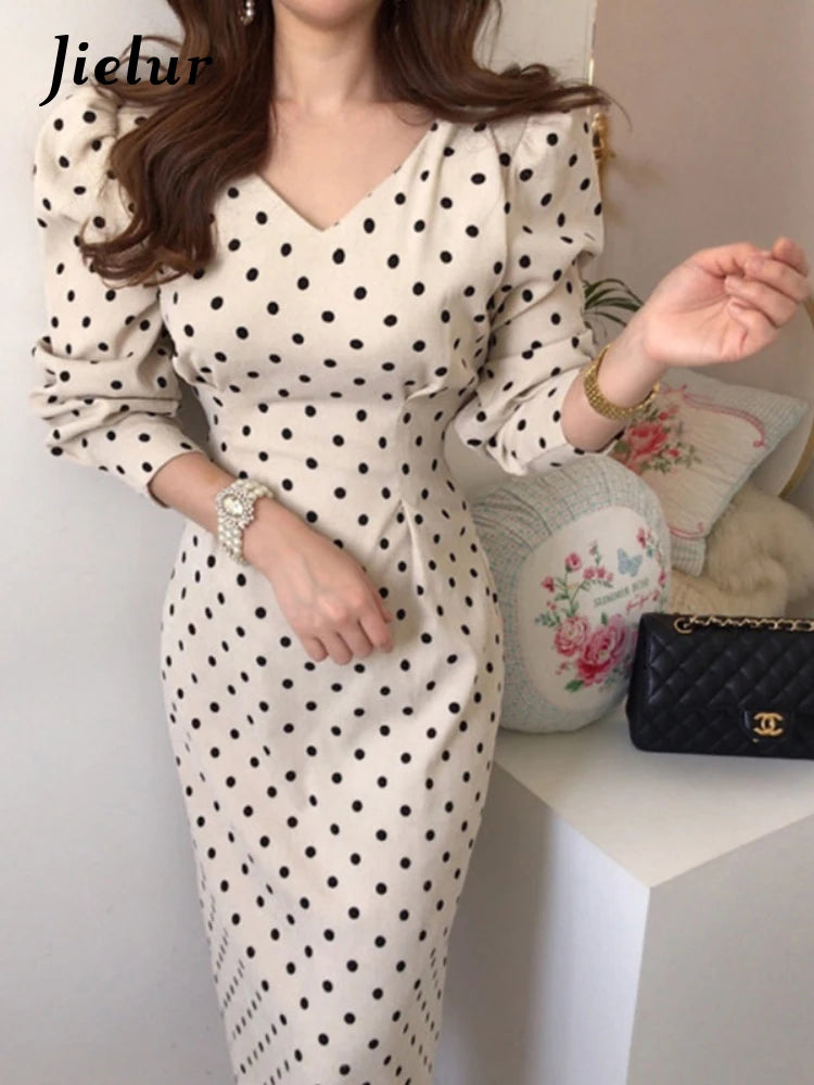Jielur Vintage Elegant Polka Dot Corduroy Dress Korea Long Sleeves Midi Dresses for Women V-Neck Slim Vestidos Autumn 2022 New
