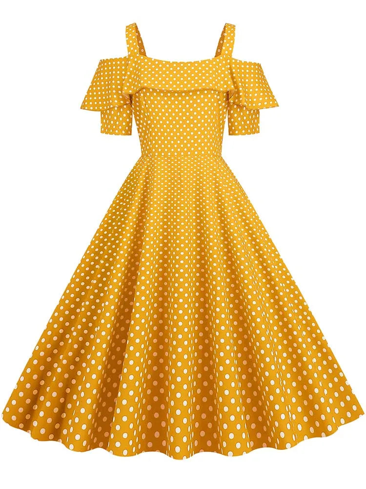 Off the Shoulder Elegant Vintage Party Dress Women Summer Polka Dot Ruffles A Line Midi Dresses