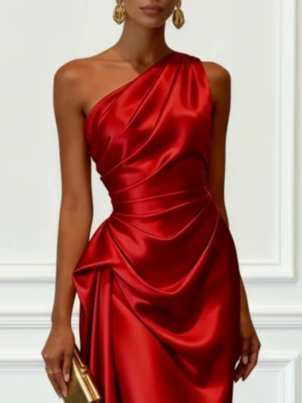 Vestido Midi de Satén con Un Hombro y Cintura Fruncida