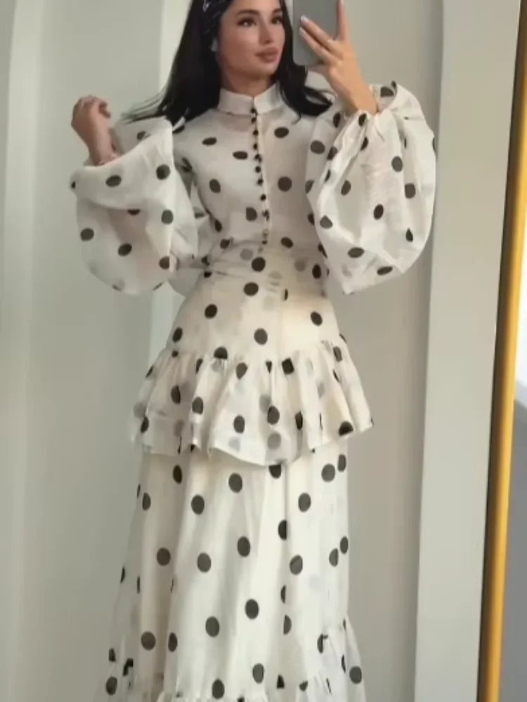 Women Casual Polka Dot Dress Chic Stand Collar Puff Sleeves See Through Ruffle Maxi Vestidos 2026 New Lady Vacation Party Wears