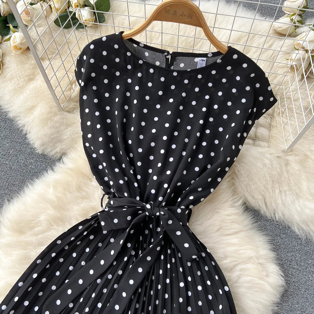 Neploe Summer Gentle Style French Retro Polka Dot Dress Sleeveless Lace Up Slim Waist Thin Vestido Sweet Pleated Femme Robe