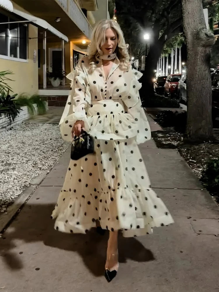 Women Casual Polka Dot Dress Chic Stand Collar Puff Sleeves See Through Ruffle Maxi Vestidos 2026 New Lady Vacation Party Wears