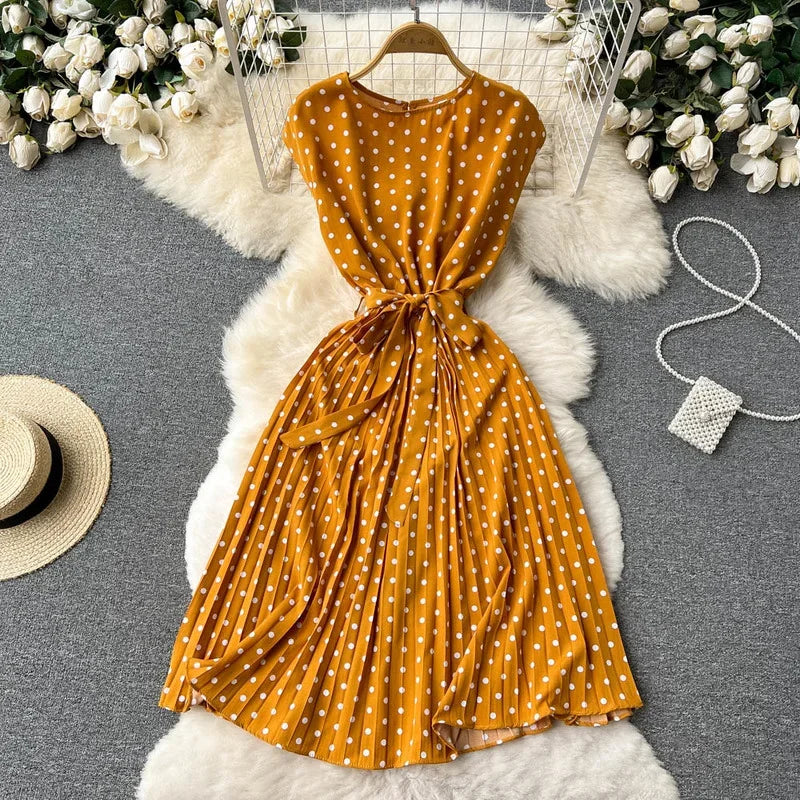 Neploe Summer Gentle Style French Retro Polka Dot Dress Sleeveless Lace Up Slim Waist Thin Vestido Sweet Pleated Femme Robe