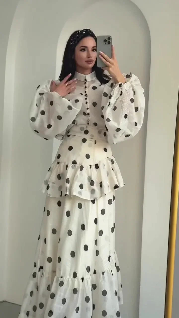 Women Casual Polka Dot Dress Chic Stand Collar Puff Sleeves See Through Ruffle Maxi Vestidos 2026 New Lady Vacation Party Wears
