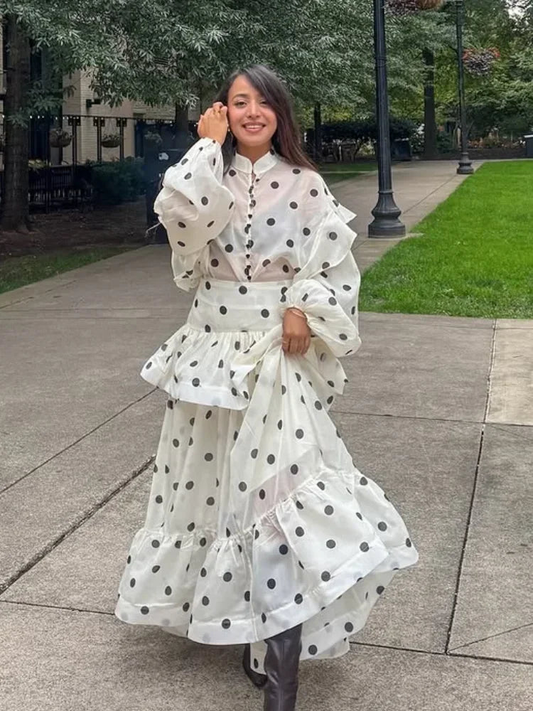 Women Casual Polka Dot Dress Chic Stand Collar Puff Sleeves See Through Ruffle Maxi Vestidos 2026 New Lady Vacation Party Wears