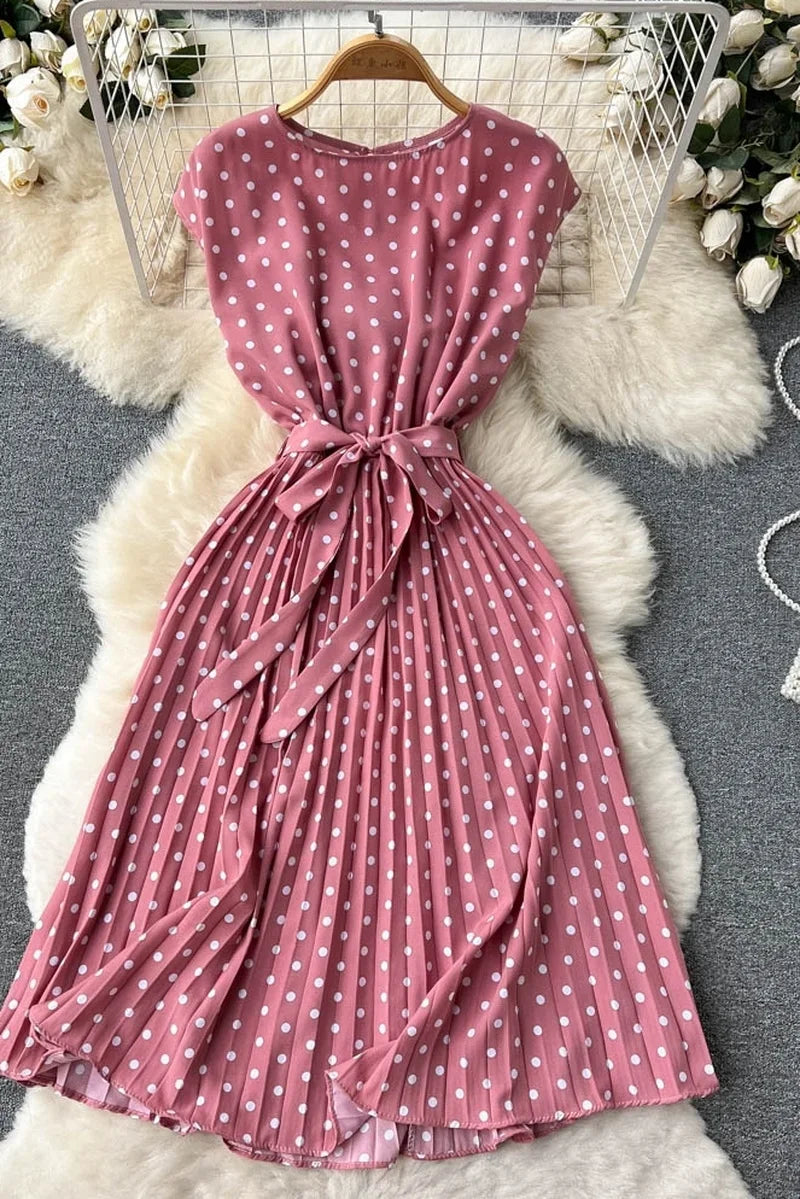 Neploe Summer Gentle Style French Retro Polka Dot Dress Sleeveless Lace Up Slim Waist Thin Vestido Sweet Pleated Femme Robe