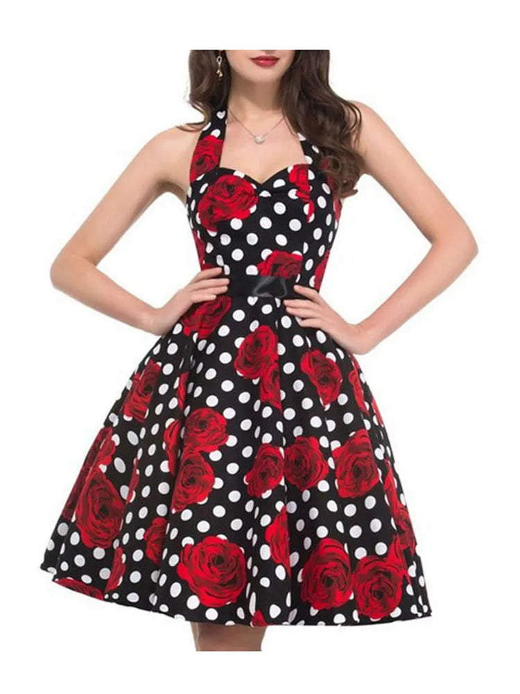 Summer Casual Dress Women  Polka Dot Retro Swing Gown Pin Up Robe Vintage 60s 50s Rockabilly Sundress