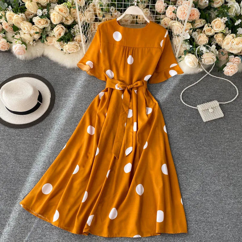YuooMuoo Chic Fashion Polka Dot Print Women Dress 2025 New Summer Elegant Vintage Bandage Slim Waist Big Swing Long Party Dress