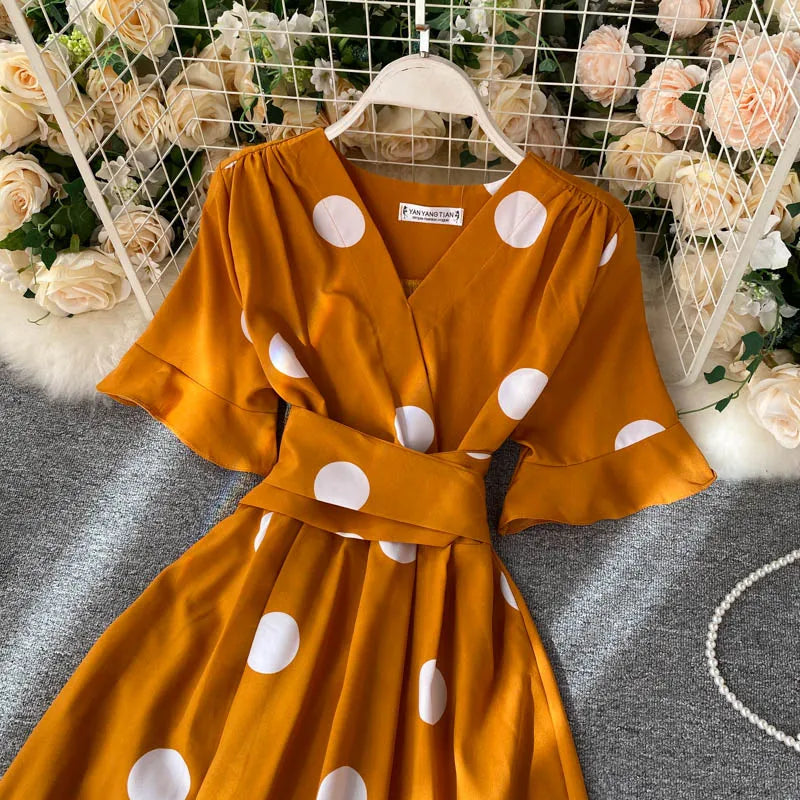 YuooMuoo Chic Fashion Polka Dot Print Women Dress 2025 New Summer Elegant Vintage Bandage Slim Waist Big Swing Long Party Dress