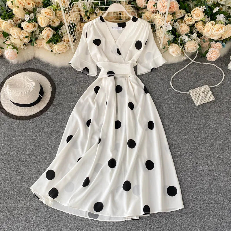 YuooMuoo Chic Fashion Polka Dot Print Women Dress 2025 New Summer Elegant Vintage Bandage Slim Waist Big Swing Long Party Dress