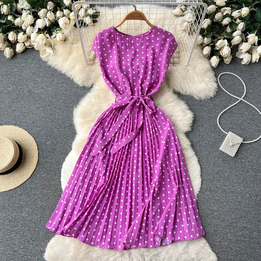 Neploe Summer Gentle Style French Retro Polka Dot Dress Sleeveless Lace Up Slim Waist Thin Vestido Sweet Pleated Femme Robe