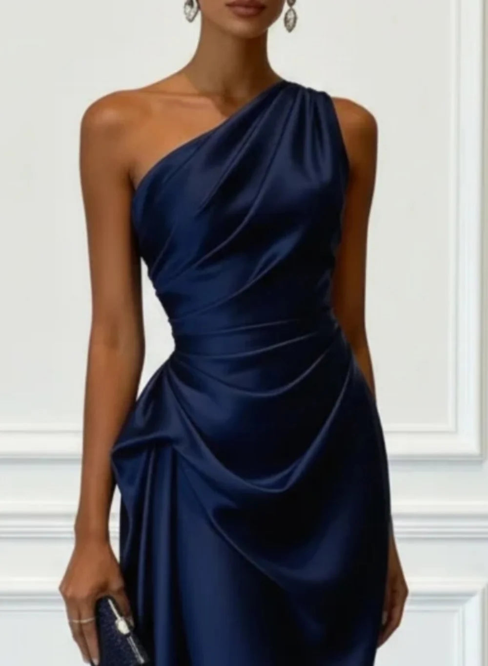 Vestido Midi de Satén con Un Hombro y Cintura Fruncida