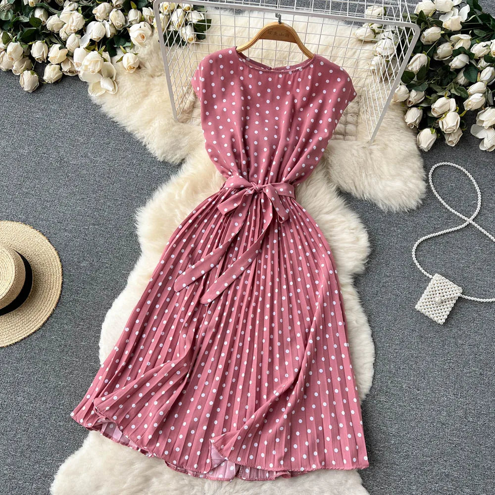 Neploe Summer Gentle Style French Retro Polka Dot Dress Sleeveless Lace Up Slim Waist Thin Vestido Sweet Pleated Femme Robe