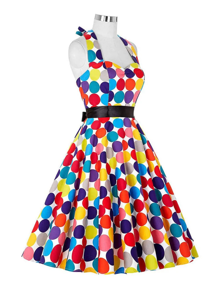 Summer Casual Dress Women  Polka Dot Retro Swing Gown Pin Up Robe Vintage 60s 50s Rockabilly Sundress
