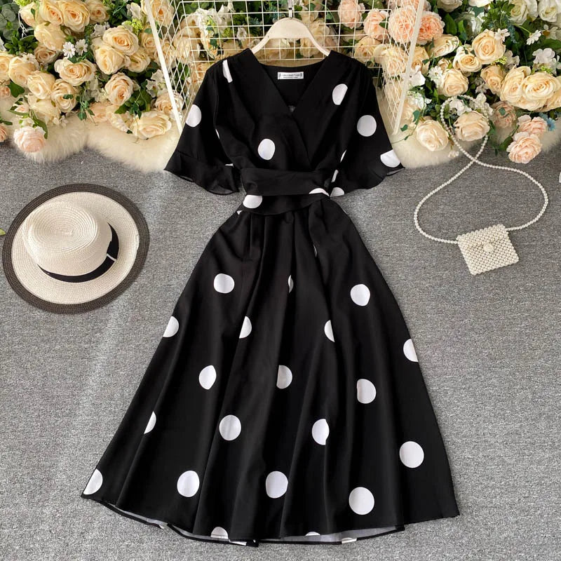 YuooMuoo Chic Fashion Polka Dot Print Women Dress 2025 New Summer Elegant Vintage Bandage Slim Waist Big Swing Long Party Dress