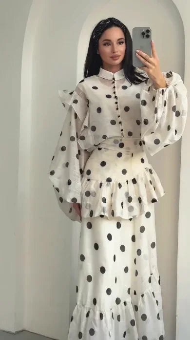 Women Casual Polka Dot Dress Chic Stand Collar Puff Sleeves See Through Ruffle Maxi Vestidos 2026 New Lady Vacation Party Wears