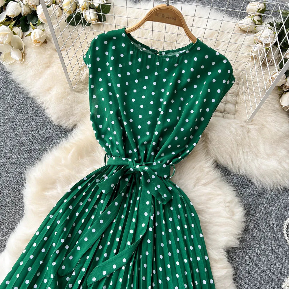Neploe Summer Gentle Style French Retro Polka Dot Dress Sleeveless Lace Up Slim Waist Thin Vestido Sweet Pleated Femme Robe