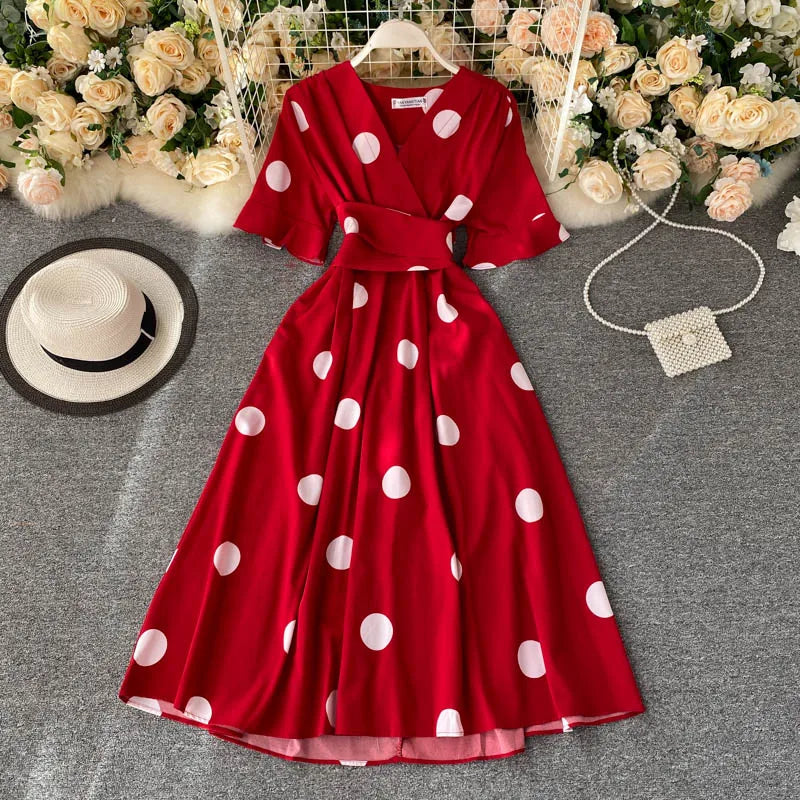 YuooMuoo Chic Fashion Polka Dot Print Women Dress 2025 New Summer Elegant Vintage Bandage Slim Waist Big Swing Long Party Dress