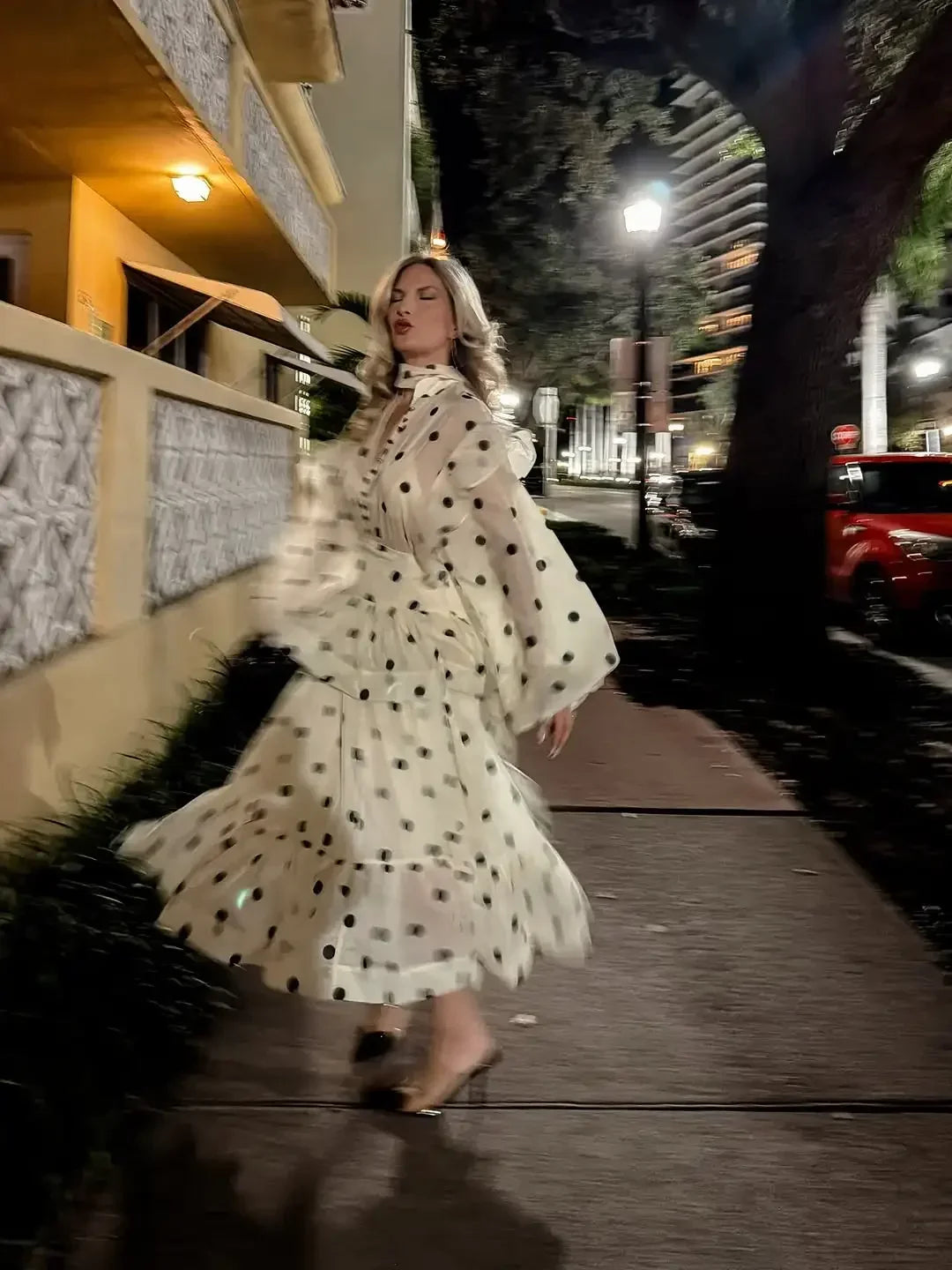 Women Casual Polka Dot Dress Chic Stand Collar Puff Sleeves See Through Ruffle Maxi Vestidos 2026 New Lady Vacation Party Wears