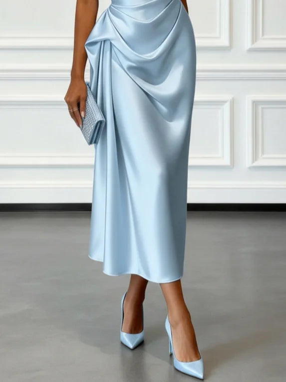 Vestido Midi de Satén con Un Hombro y Cintura Fruncida