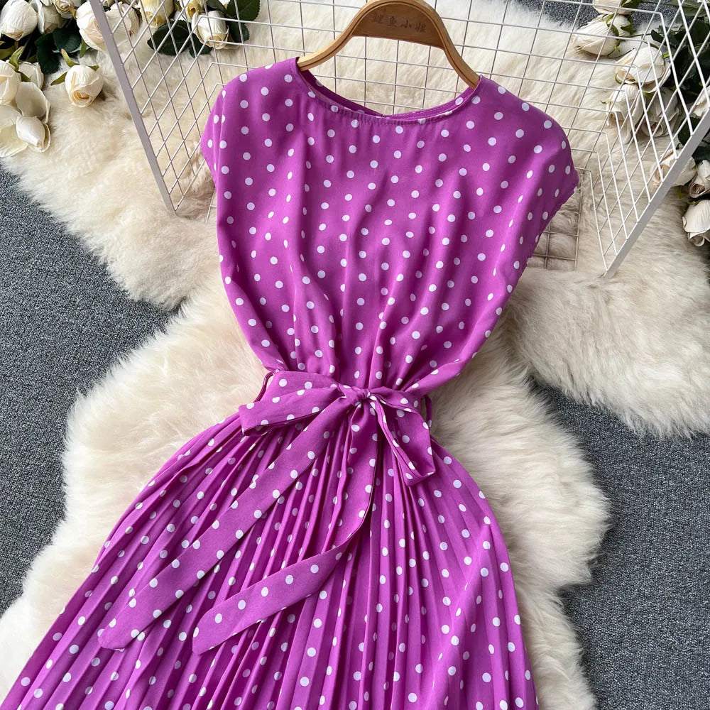 Neploe Summer Gentle Style French Retro Polka Dot Dress Sleeveless Lace Up Slim Waist Thin Vestido Sweet Pleated Femme Robe