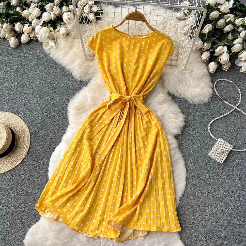 Neploe Summer Gentle Style French Retro Polka Dot Dress Sleeveless Lace Up Slim Waist Thin Vestido Sweet Pleated Femme Robe