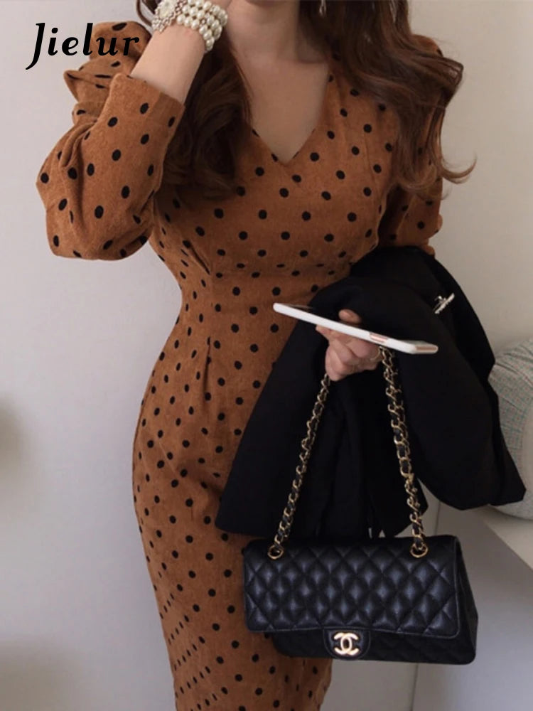 Jielur Vintage Elegant Polka Dot Corduroy Dress Korea Long Sleeves Midi Dresses for Women V-Neck Slim Vestidos Autumn 2022 New
