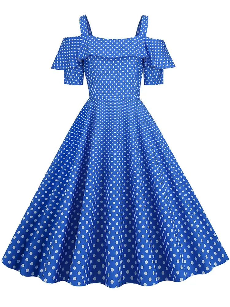 Off the Shoulder Elegant Vintage Party Dress Women Summer Polka Dot Ruffles A Line Midi Dresses