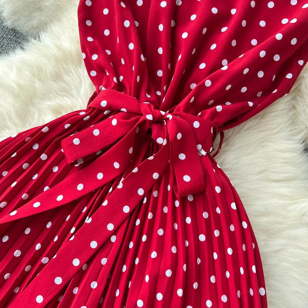Neploe Summer Gentle Style French Retro Polka Dot Dress Sleeveless Lace Up Slim Waist Thin Vestido Sweet Pleated Femme Robe