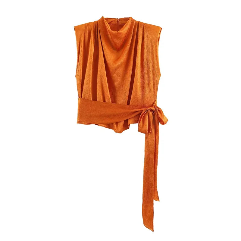 Blusa Satinada Elegante Sin Mangas con Lazo Largo