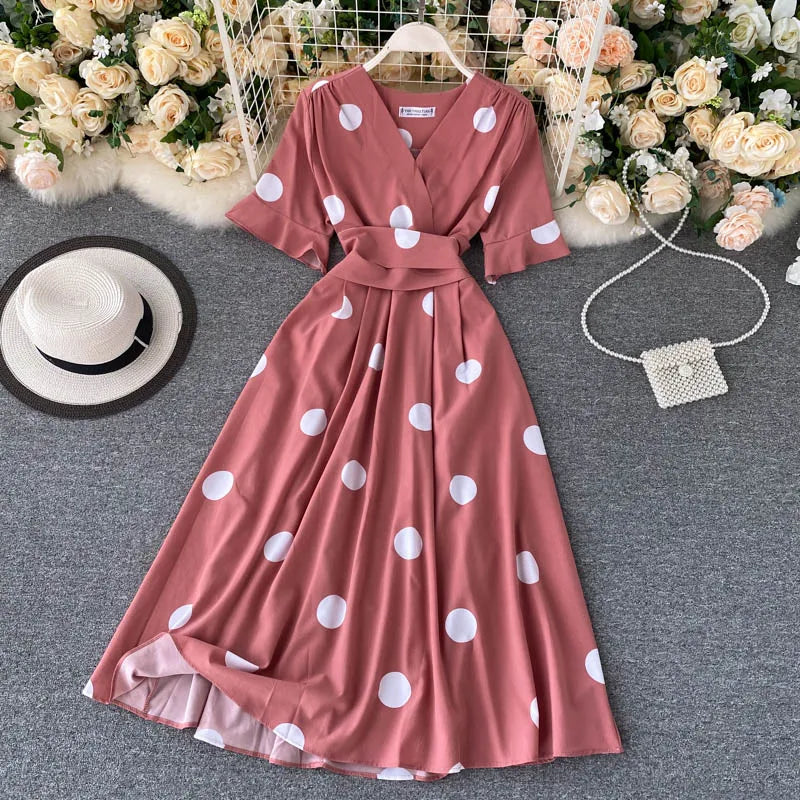 YuooMuoo Chic Fashion Polka Dot Print Women Dress 2025 New Summer Elegant Vintage Bandage Slim Waist Big Swing Long Party Dress