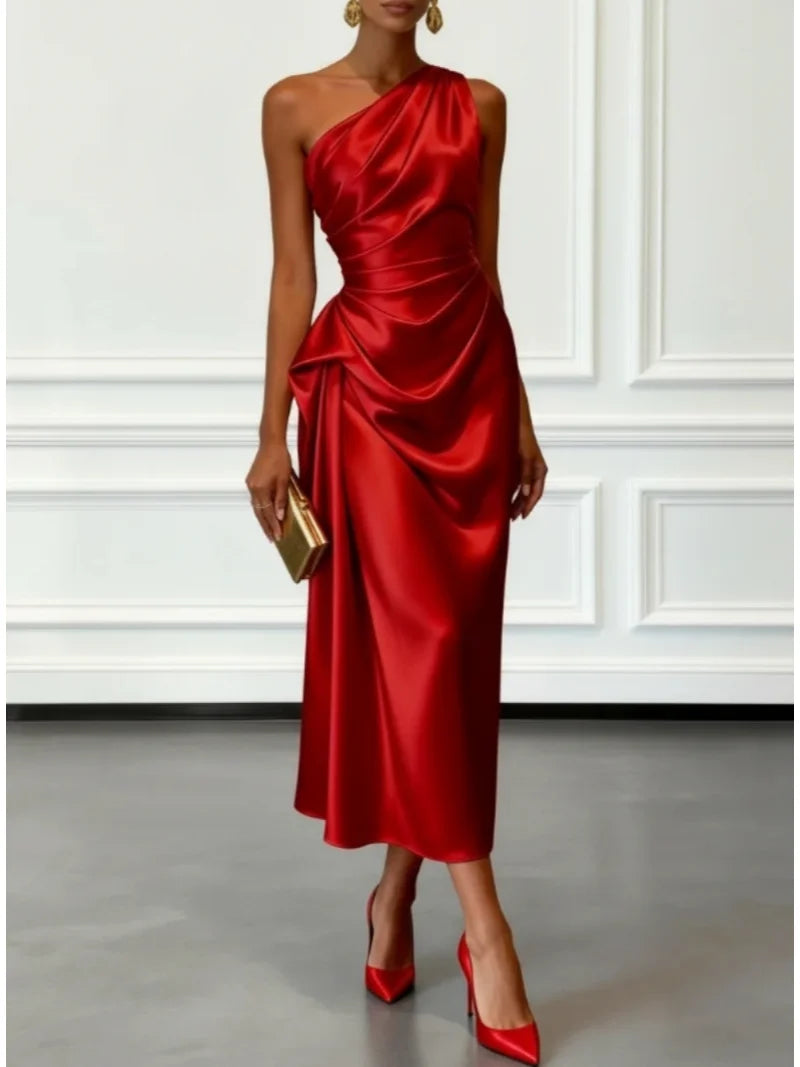 Vestido Midi de Satén con Un Hombro y Cintura Fruncida