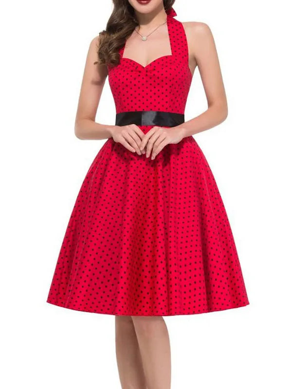 Summer Casual Dress Women  Polka Dot Retro Swing Gown Pin Up Robe Vintage 60s 50s Rockabilly Sundress