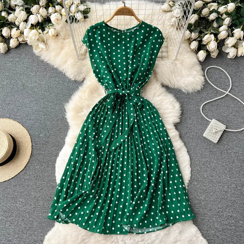 Neploe Summer Gentle Style French Retro Polka Dot Dress Sleeveless Lace Up Slim Waist Thin Vestido Sweet Pleated Femme Robe